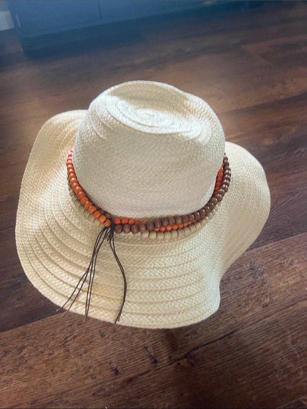 Women's Cream Straw Sun Hat with Orange & Brown Bead Trim